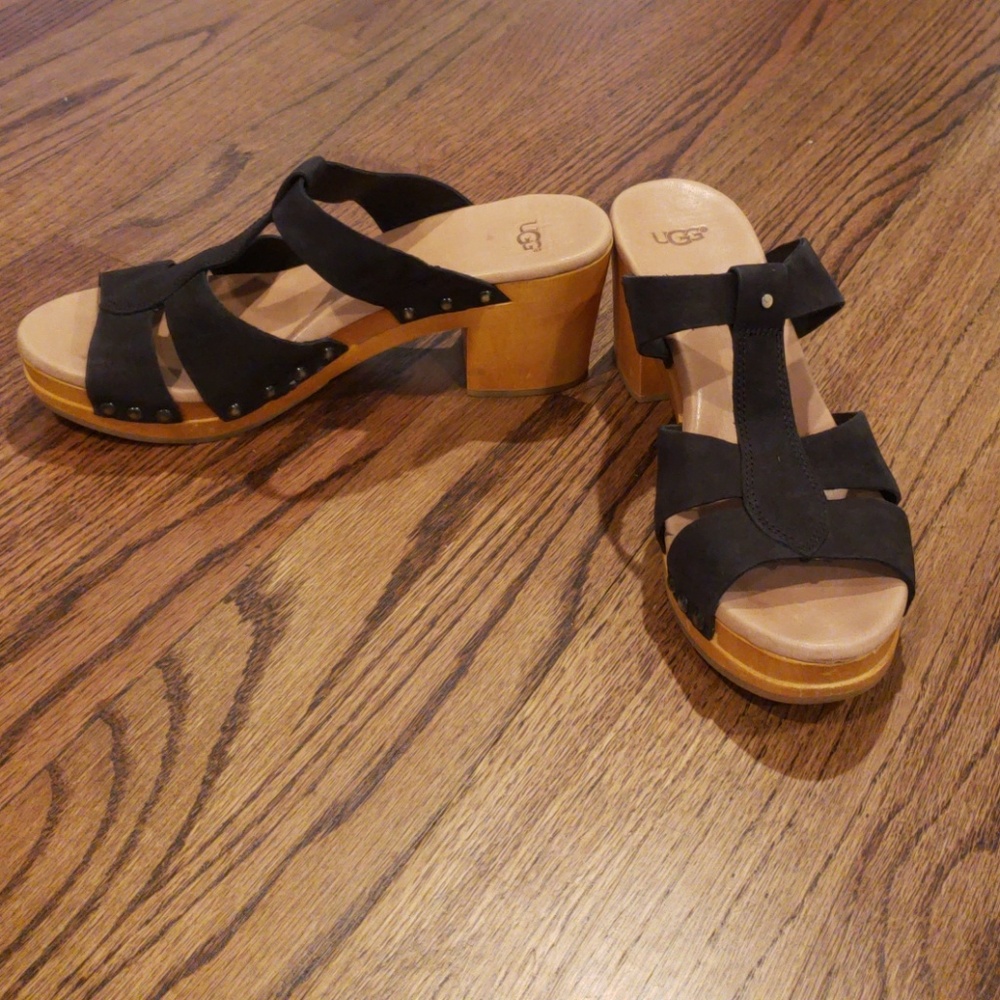 UGG Jennie Black Leather Clog Sandals